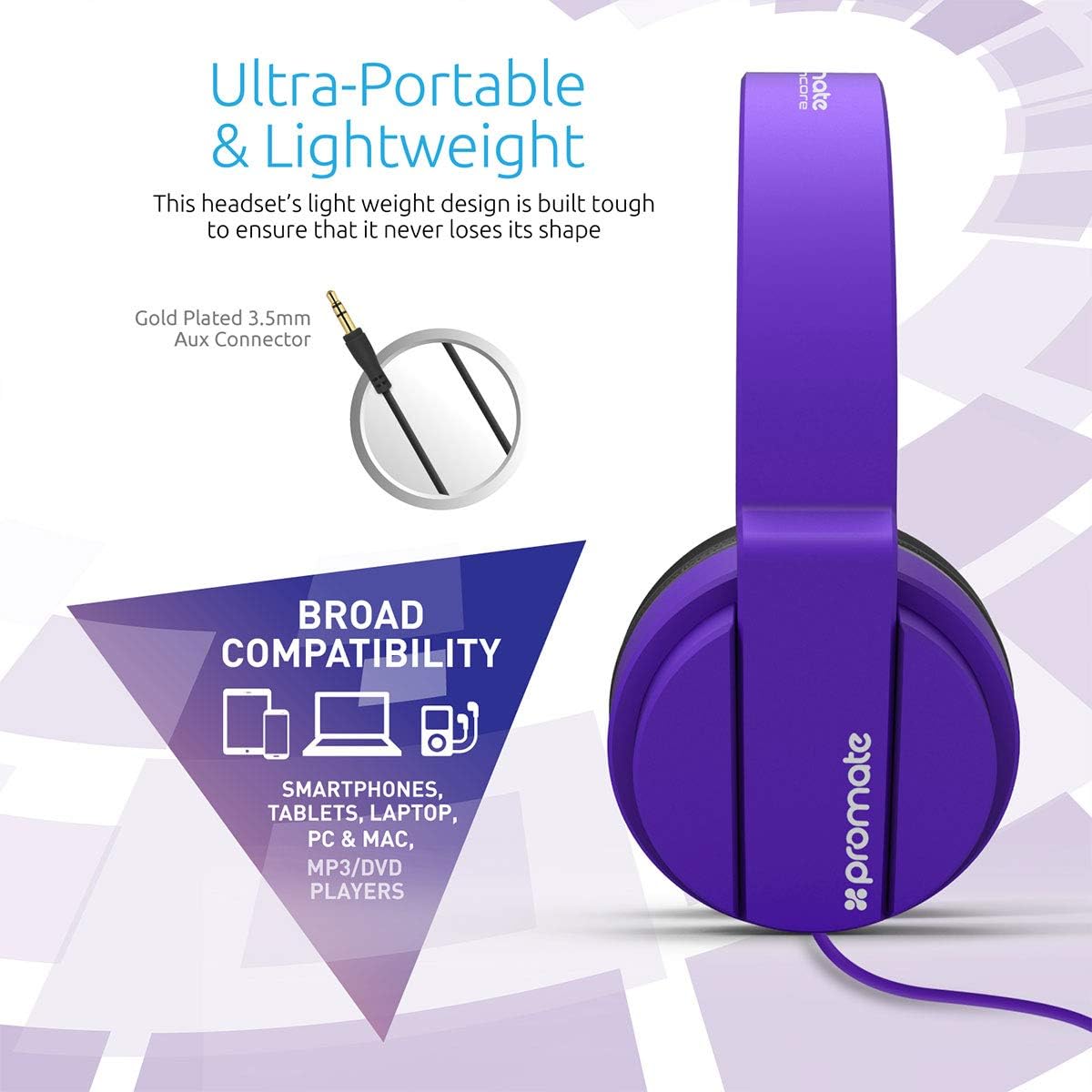 Promate Lightweight Wired Stereo Headphones Encore- Purple